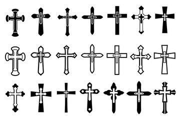 Decorative crucifix religion catholic symbol, Christian crosses. orthodox faith church cross icons design, isolated flat set. vector illustration.