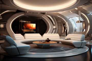 Living room in a futuristic design with big sofa and rounded decor. AI Generative.