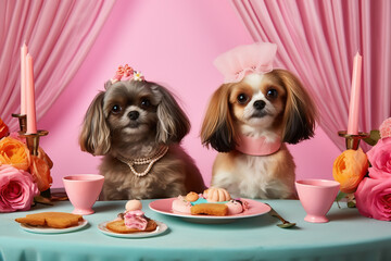 Dogs in festive caps with sweets on the table. Dogs party concept. AI generates.