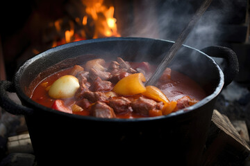 Goulash being prepared in a traditional cast-iron pot over an open flame, with smoke rising – a savory, flavorful Hungarian dish simmering to perfection.