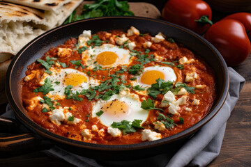Shakshuka, a delicious and healthy Middle Eastern breakfast, features perfectly cooked eggs, creamy feta cheese, and a side of pita bread in a close-up shot of a ceramic bowl.