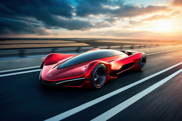 Obraz na płótnie Canvas A futuristic red car is speeding down the road at high speed. AI Generated.