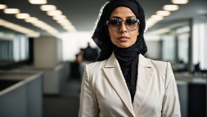 A woman wearing a hijab in a professional office setting