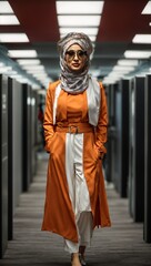 A woman in a stylish hijab walking down a vibrant hallway