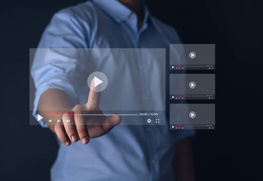 Businessmen watching the live streaming video Watch videos on the internet, live concerts, performances, or teachings. Stream on the internet online programs or lessons concept	
