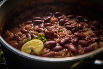 Red beans and rice simmering in a macro close-up, surrounded by spices and herbs, creating a savory...