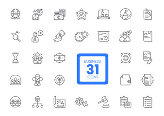 Set of vector line business and finance icons in flat design with elements for mobile concepts and web apps. Collection modern infographic icons. Big UI icon set in a flat design. Thin outline icons.