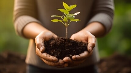 Close-up of female hands holding young plant in soil. Earth day concept