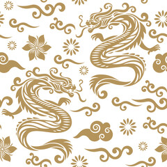 Seamless pattern with Dragon. Golden color on white. Symbol of 2024. Year of the Dragon.