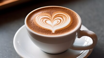 Cup of latte coffee with heart shape art on foam, top view.
