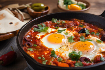 Shakshuka, a flavorful and hearty Middle Eastern breakfast, cooked in a traditional clay tagine with poached eggs, spicy harissa, and served with a side of olives.