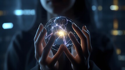 Close up of businesswoman holding glowing earth planet in her hands. 3D rendering