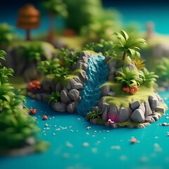 Fantasy island in the sea. Tropical island with palm trees and blue ocean. Miniature cute clay world, Tropical island, isometric view, beach, palms, Tropical paradise. 3D illustration.