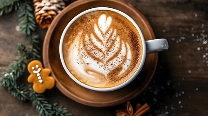 Cappuccino or latte art coffee with christmas tree branch on wooden background. Christmas or New Year concept.