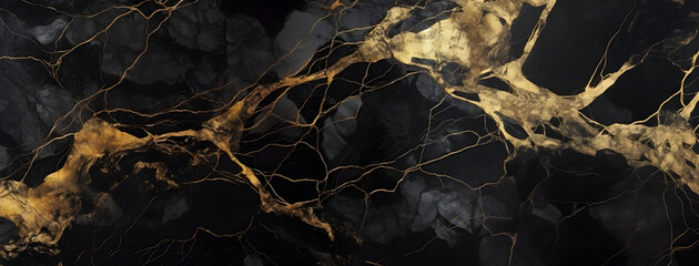Luxurious Veins: Black Marble with Gold Inlay Background - obrazy, fototapety, plakaty