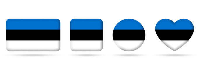 Estonia flag icon or badge set. Estonian square, heart and circle national symbol or banner. Vector illustration.