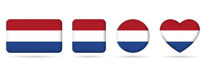 Netherlands, Holland flag icon or badge set. Dutch square, heart and circle national symbol or banner. Vector illustration.