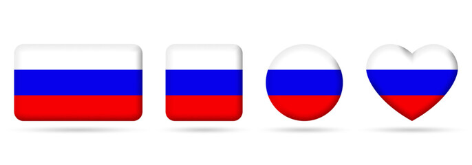 Russia flag icon or badge set. Russian square, heart and circle national symbol or banner. Vector illustration.