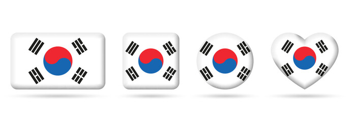 South Korea flag icon or badge set. Korean square, heart and circle national symbol or banner. Vector illustration.