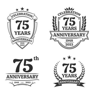 75 years anniversary icon or logo set. Vintage birthday banner design. 75th anniversary jubilee celebration badge or label collection. Vector illustration.