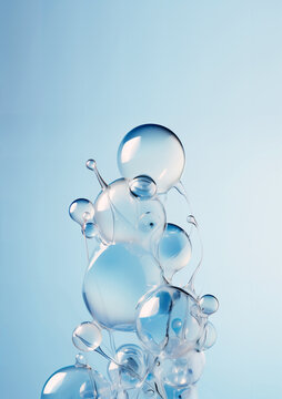 Cosmetic essence, closeup liquid bubbles, molecules of Hyaluronic acid bubbles on the background. Created with generative Ai technology.