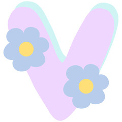Purple english alphabet V decorated with blue and yellow flowers isolated on transparent background 