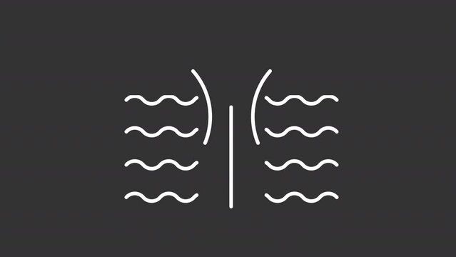 Rip currents white animated icon. Water flow away line animation. Arrows moving. Surf beach. Swimming safety. Low tide. Isolated illustration on dark background. Transition alpha video. Motion graphic