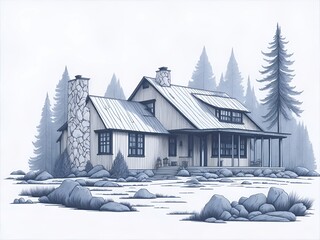 Beautiful house in natural environment drawing. AI generated illustration