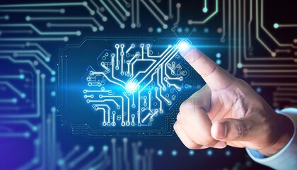 hand with circuit board, Abstract technology background. Cyber security concept, finger touching a digital circuit board. advanced biometric technology and cyber security concept