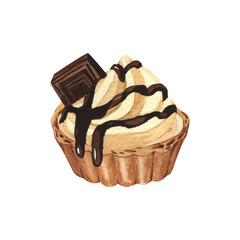Watercolor dessert with sliced chocolate, baked tart with cream. Hand-drawn illustration isolated on white background. Perfect food menu, food drawing, design packing, print