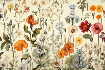 Naklejka premium Seamless Pattern Of Vintage Botanical Illustrations, Generative AI