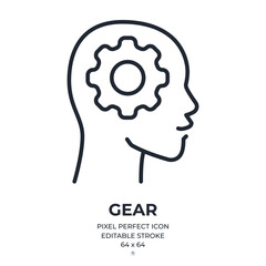Gear editable stroke outline icon isolated on white background flat vector illustration. Pixel perfect. 64 x 64.
