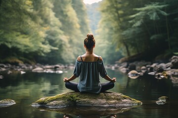 Beautiful girl meditates in nature