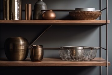 A wooden shelf with metal objects. Selective focus. Generative AI.