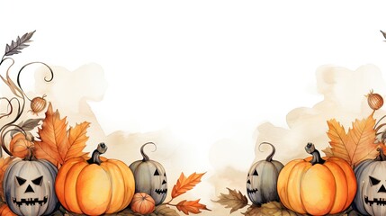 Watercolor Halloween background with bright pumpkins, flowers