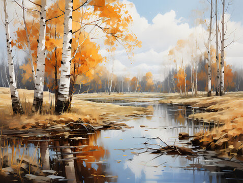 Landscape with autumn forest near the river. Oil painting in the style of impressionism.
