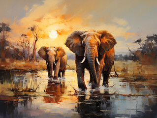 African elephant family near watering place. Oil painting in the style of impressionism.