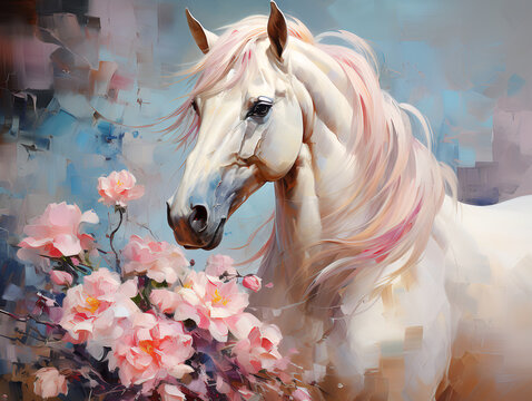 A beautiful white horse among the pink flowers. Oil painting in the style of impressionism.