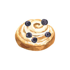 Watercolor dessert bun with blueberry, cupcake berry. Hand-drawn illustration isolated on white background. Perfect food menu, food drawing, design packing, bakery shop, cooking, tea party