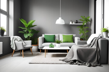 Ideas for modern minimal home interior design. Gray vintage armchair with white pillow and blanket, table with green plant in pot on floor, on light wall background, panorama, copy space