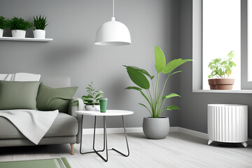 Ideas for modern minimal home interior design. Gray vintage armchair with white pillow and blanket, table with green plant in pot on floor, on light wall background, panorama, copy space