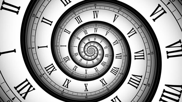 Abstract modern white spiral clock dial with black roman and arabic numerals. Concept of Infinite time, deadline, scheduling, time and space, past, present and future. Seamless loop.