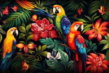 Seamless Pattern Of Exotic Tropical Birds, Generative AI