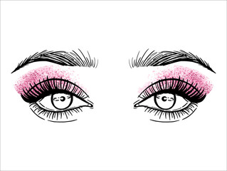 Eyes with long eyelashes, pink shadows, vector illustration