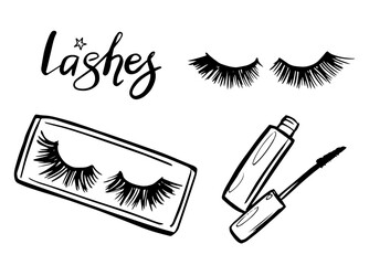 Hand drawn vector set with false eyelashes, mascara