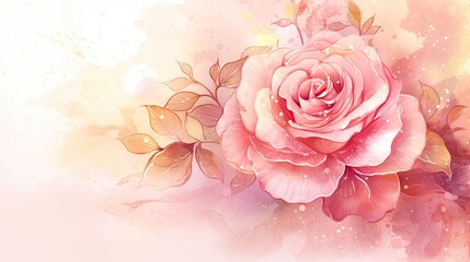 Elegant pink rose flower watercolour background, copy space