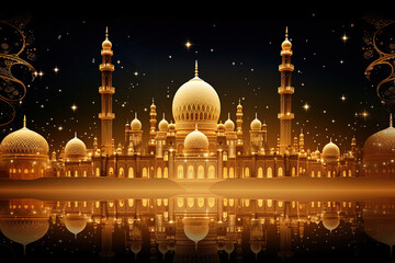 Naklejka premium Illustration of a mosque adorned with golden patterns, the spiritual aura of Ramadan