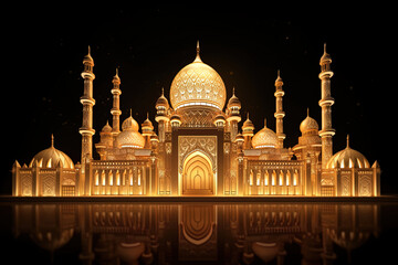 Obraz premium Illustration of a mosque adorned with golden patterns, the spiritual aura of Ramadan