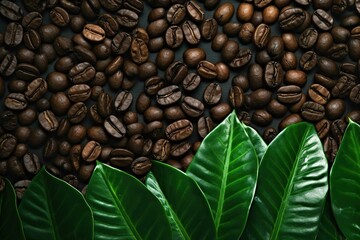 Roasted coffee beans with green leaves on vintage background, top view with copy space, coffee shop background, coffee bean themed background, coffee themed background