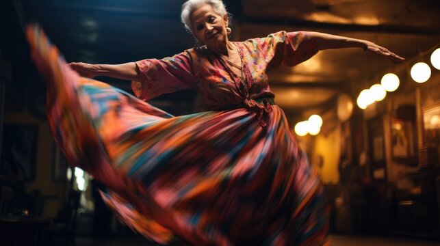 Elderly grey-haired woman optimistic modern woman dancing happy and cheerful, smiling moving&nbsp;casual&nbsp;and confident. AI phototography. .
